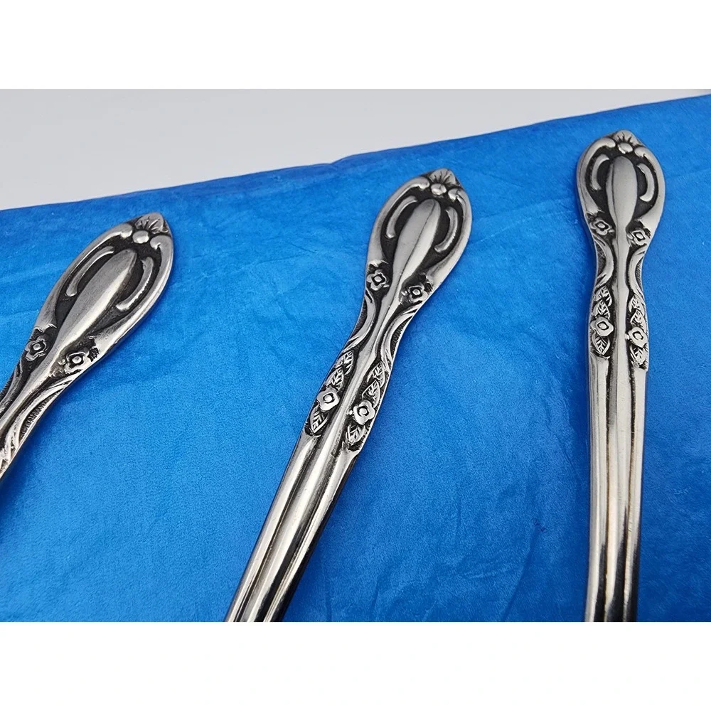Vintage Japan‎ National Stainless Spoons Set of 6 Ornate Floral Scroll Pattern